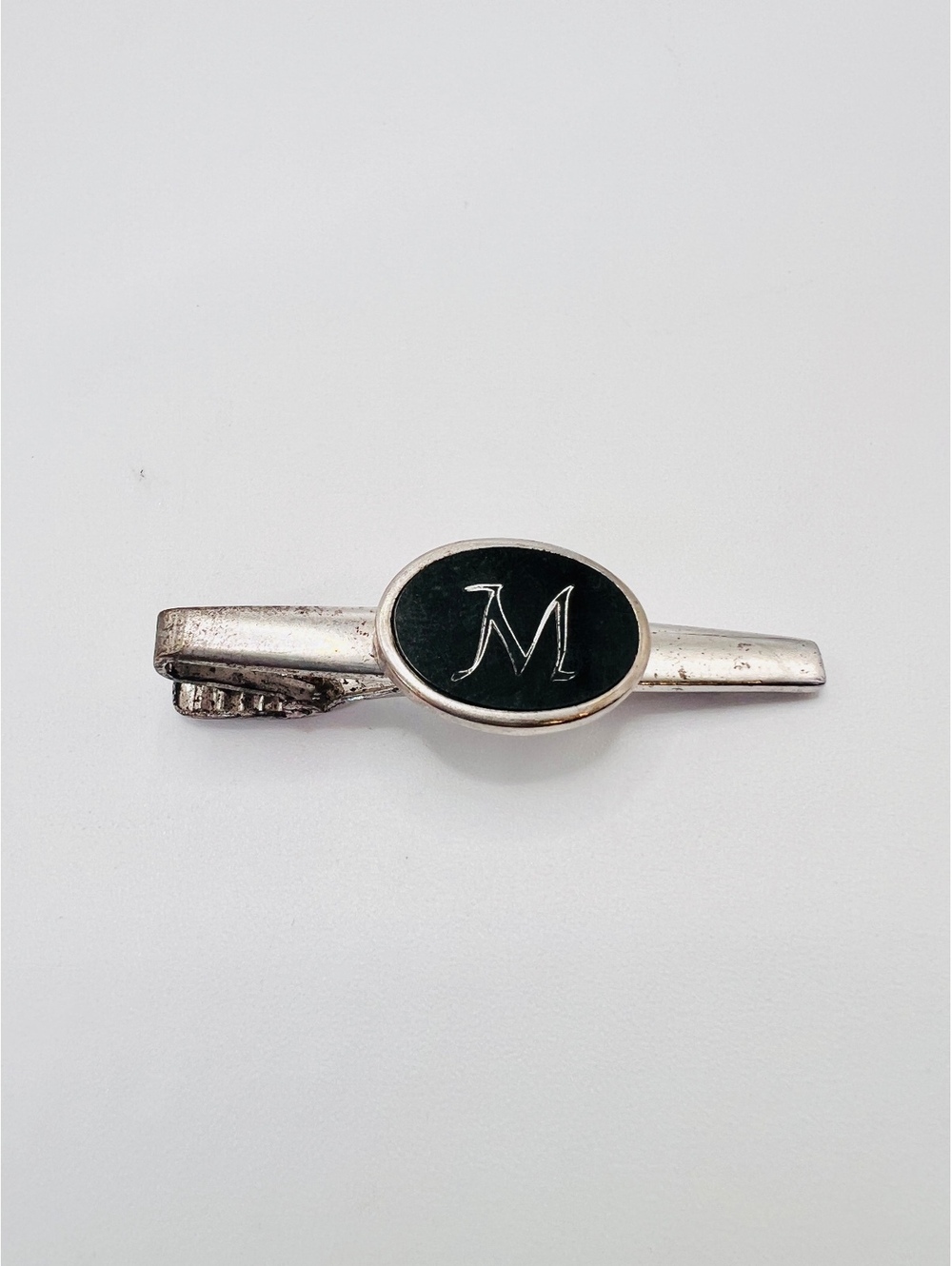 Vintage ANSON Tie Clip Black Oval Script M Initial Silver Tone 2”